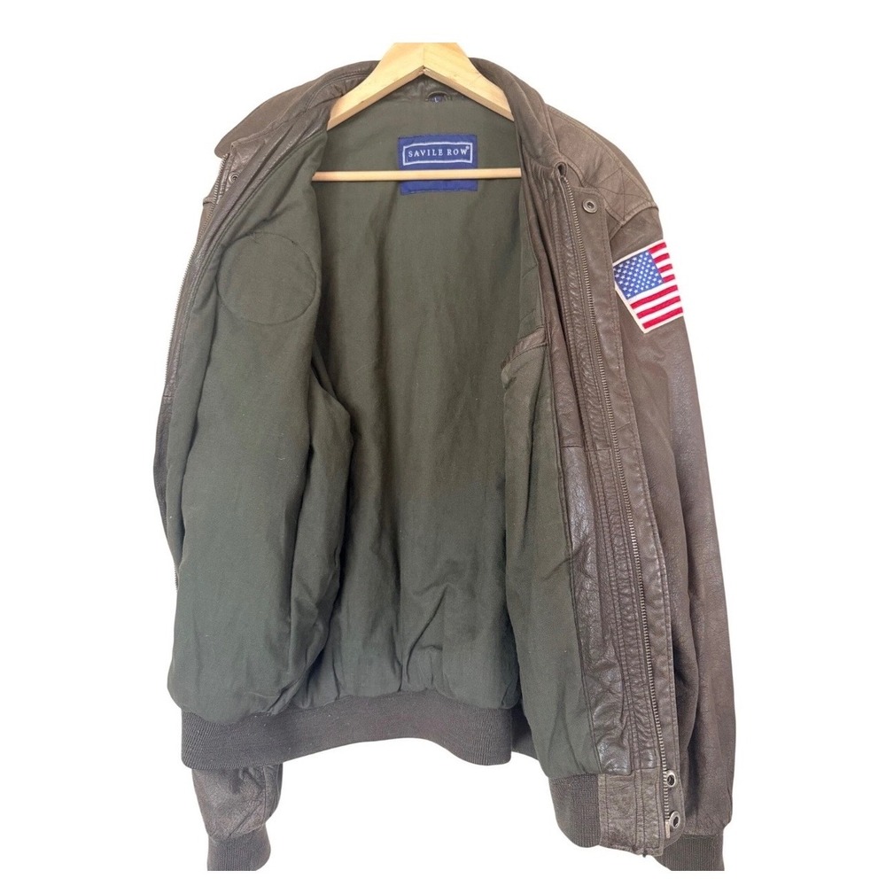 Vintage Savile Row Leather Bomber Jacket Mens L Brown Military USA Flag Aviator - Picture 6 of 8